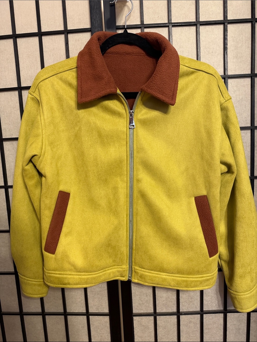 Cider Yellow Suede Bomber Jacket with Brown Trim